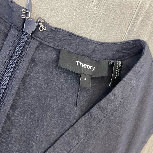 THEORY LINEN KALSINGTON FIT & FLARE DRESS 4 NAVY BLUE MIDI SLEEVELESS POCKETS - Picture 5 of 16